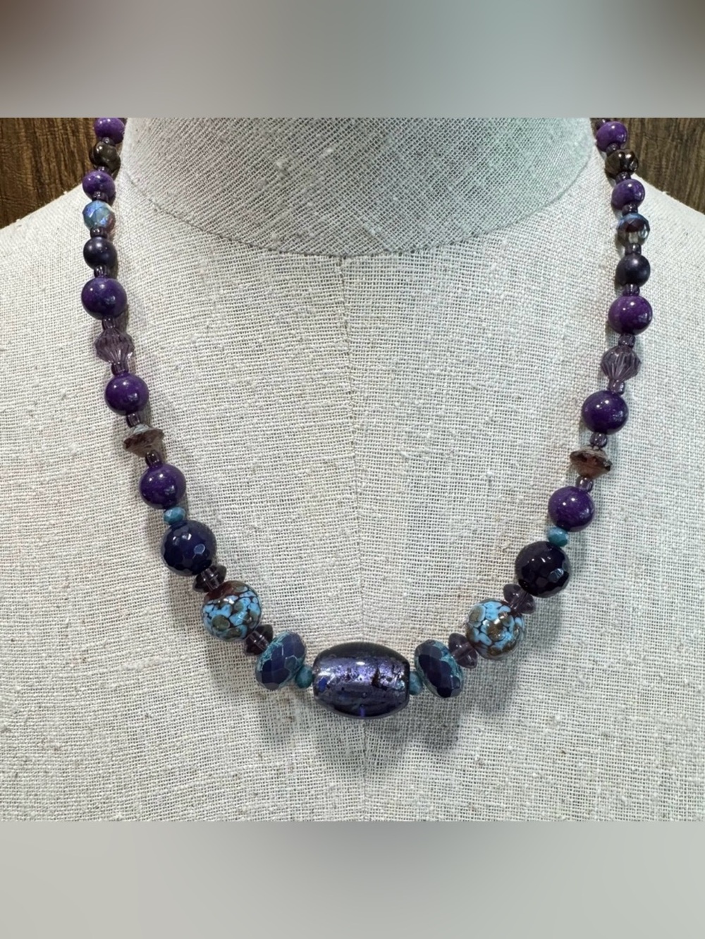 Amethyst & Glass Bead Sterling Silver Statement Necklace Artisan Handcrafted